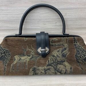 Raviani Dallas TX Safari Animal Tapestry Leather Trim Frame Satchel Handbag